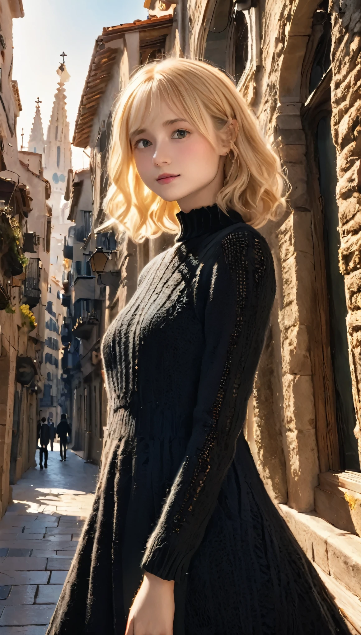 One Girl、Characteristic hairstyle、Blonde Hair、(((Malaise)))、Small eyes、Fuller lips、(((１６talent)))、(Knitted dress、Black tight dress:1.5)、Outdoor、Spanish cityscape、Barcelona、Gaudi architecture、Old Townscape、highest quality、Ultra-high resolution、Very detailed、masterpiece:1.5、８ｋ、Movie section、Perfect Anatomy、Cinema Lighting、50ｍｍPhotographed with a lens、Professional Photographer、