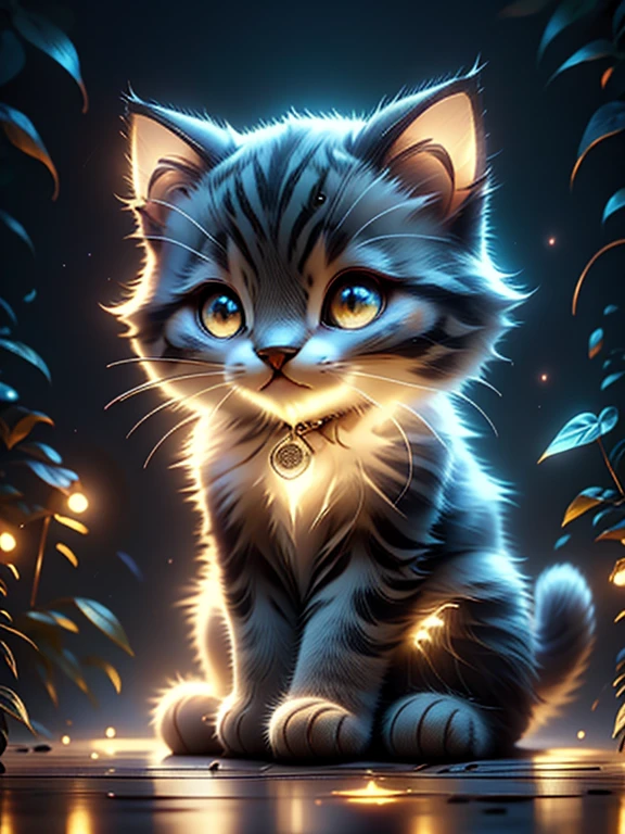 A cute kitty, sitting in the evening with light of the flashlight, kitty has a happy kitty face, featuring atmospheric details, high resolution, and warm lighting 