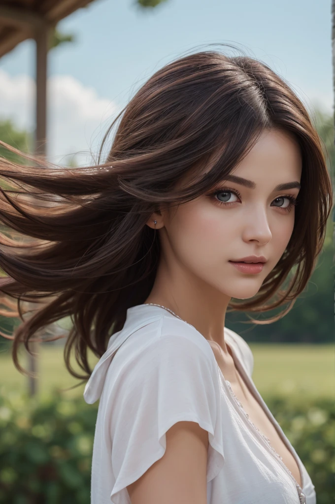best quality, 8k, high resolution, ultra-detailed, extremely detailed, top quality, realistic, a woman, Incredibly beautiful, hair sways in the gentle breeze,