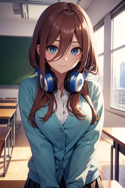 mikunakano, miku nakano, long hair, bangs, blue eyes, brown hair, shirt, hair between eyes, headphones, cardigan, headphones around neck,
BREAK skirt, shirt, long sleeves, white shirt, pantyhose, pleated skirt, black pantyhose, cardigan, green skirt, blue cardigan,
BREAK indoors, classroom,
BREAK looking at viewer, BREAK (masterpiece:1.2), best quality, high resolution, unity 8k wallpaper, (illustration:0.8), (beautiful detailed eyes:1.6), extremely detailed face, perfect lighting, extremely detailed CG, (perfect hands, perfect anatomy),