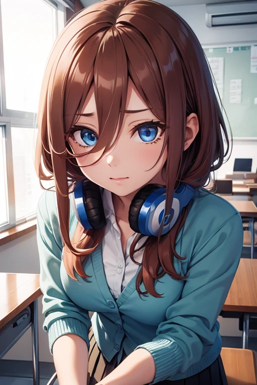 mikunakano, miku nakano, long hair, bangs, blue eyes, brown hair, shirt, hair between eyes, headphones, cardigan, headphones around neck,
BREAK skirt, shirt, long sleeves, white shirt, pantyhose, pleated skirt, black pantyhose, cardigan, green skirt, blue cardigan,
BREAK indoors, classroom,
BREAK looking at viewer, BREAK (masterpiece:1.2), best quality, high resolution, unity 8k wallpaper, (illustration:0.8), (beautiful detailed eyes:1.6), extremely detailed face, perfect lighting, extremely detailed CG, (perfect hands, perfect anatomy),