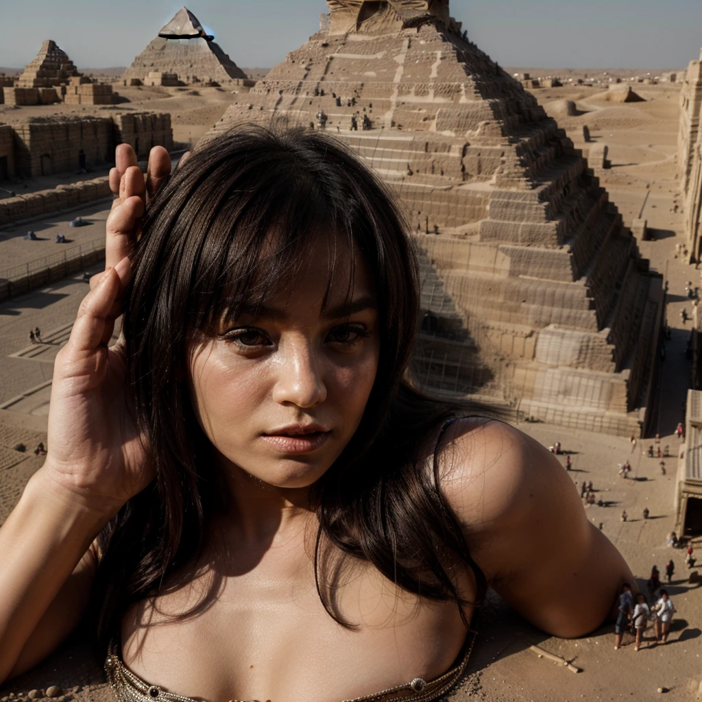 cleopatra lies by pyramid,  shrunken people, turned into a giant, taller than pyramids 