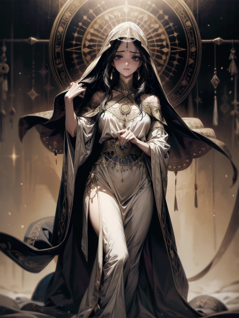 whole body, fortune teller robes, girl in gipsy tent, skirt, face veil, robe, cloak, absurdres, RAW photo, extremely delicate and beautiful, masterpiece, Best Quality, ultra high resolution, 32k, hyperrealistic, ultra-detailed, perfect figure, perfect shape, detailed v, pale skin, 20 years old, detailed beautiful face and eyes, tearful mole, earring, short medium hair, wavy hair, black hair,