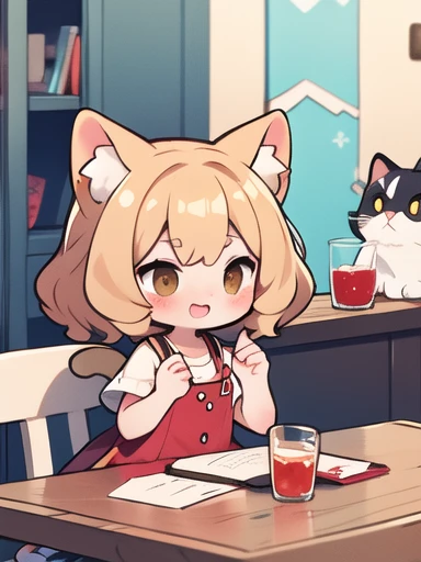 Young cat girl, , curly hair, brown eyes, cat girl, knocking over glass, glass on a table, mischievous cat girl 