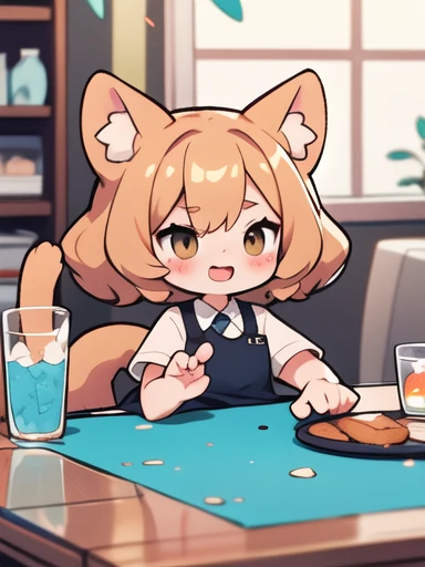 Young cat girl, , curly hair, brown eyes, cat girl, knocking over glass, glass on a table, mischievous cat girl