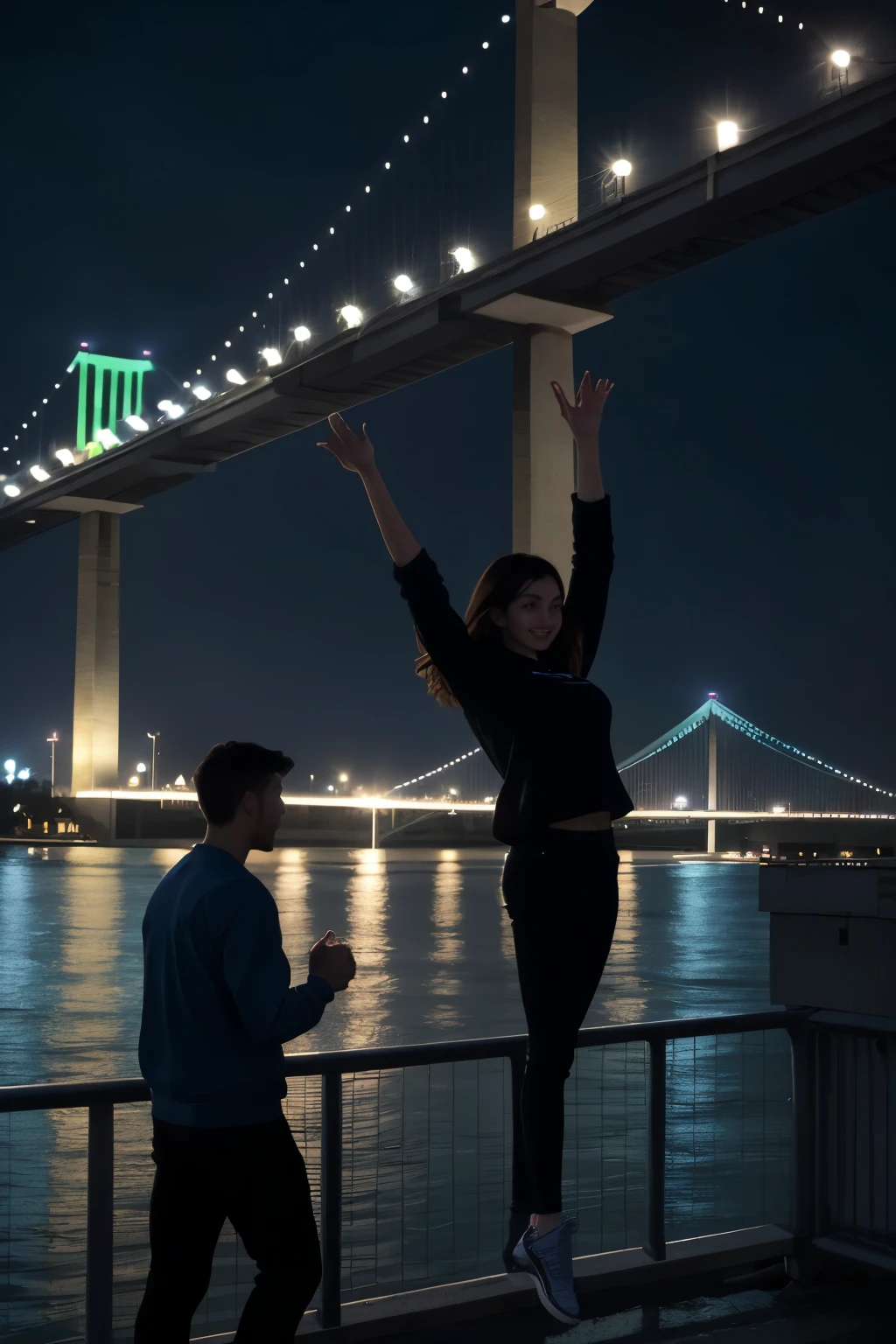 Night scene in blue tones showing two people. The first person is a young man in dark clothes extending his hand from the Istanbul bridge . The second person, a girl, is wearing light clothes and leans his body back, as if falling in the air, trying to grab the first person’s hand. In the background, a cityscape and a bridge crossing the water appear