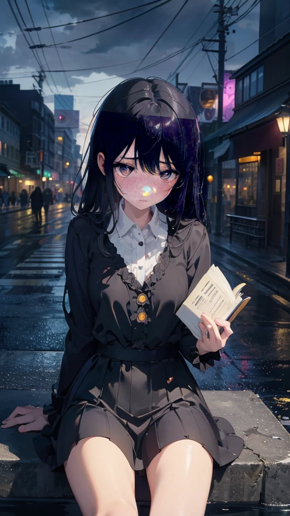 1 anime girl, alone,,Black petals flutter, A mysteriously shining butterfly.city,thin legs,Gloomy cloudy sky,sad expression,very clear,highest quality,city,standing on the street corner,Are crying,tears,close up of face,Sit in the water,holding a book in hand,Sit down