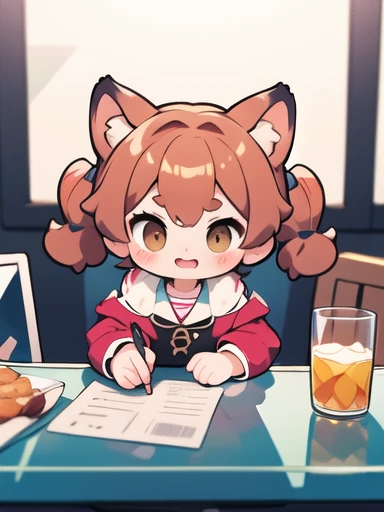 Young cat girl, curly hair, twin tails, brown eyes, glass on table, knock over glass, mischievous cat girl, 