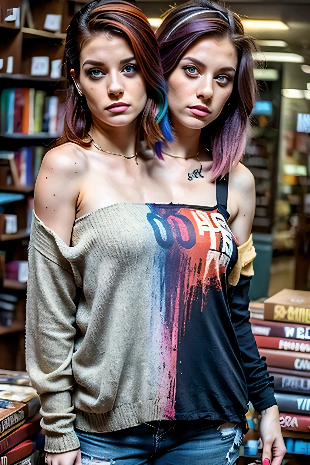 2heads, female couple, age 28, two heads on one body, conjoined, one torso, hipsters, multicolored hair, grunge fashion, in bookstore