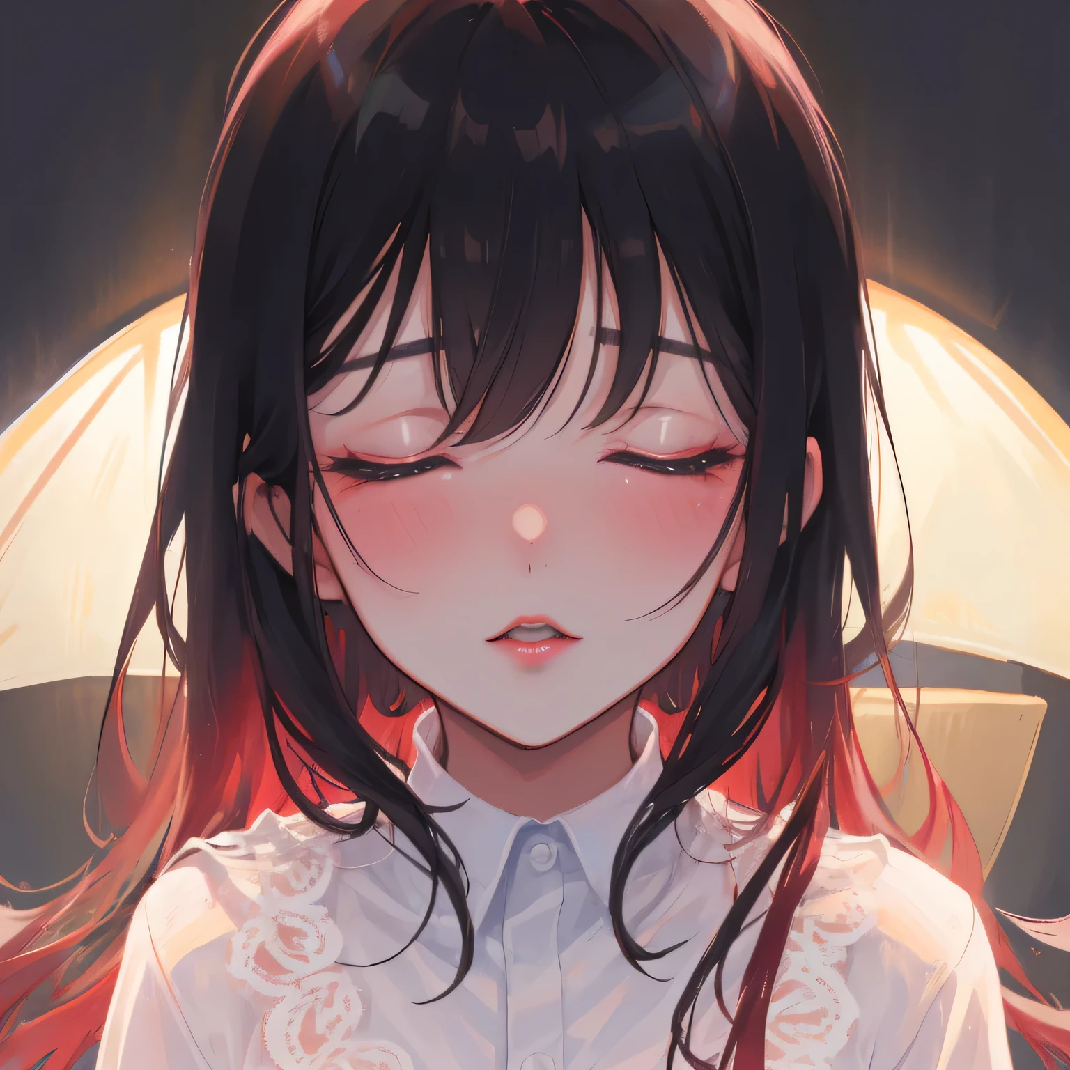 Amazing portrait of a sexy woman kissing and making out with a shirtless boy with her glossy red lips while wearing a sheer white shirt that reveals the red lacy lingerie that she's wearing underneath the shirt in a dimly lit room with one lamp giving off warm lighting