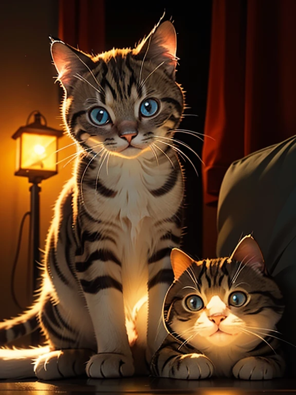 A cute kitty, sitting in the evening with light of the flashlight, kitty has a happy kitty face, featuring atmospheric details, high resolution, and warm lighting 