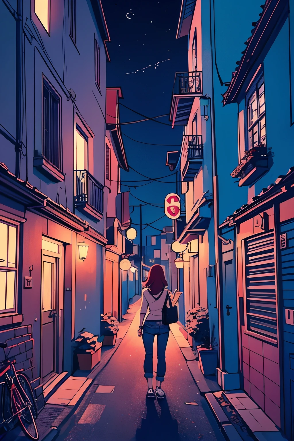 female character, cheveux rouge, queue de cheval, cell phone in hand, chemise à carreau rouge, Pantalon jean, des baskettes blanches et noires, assis sur une chaise, regardant la fenêtre, environnement sombre, fenêtre montrant la ville la nuit, Anime style, fille lofi, ambiance lovi