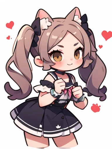 Young girl, cat girl, long twin tails, long curly hair, mischievous cat girl, brown eyes