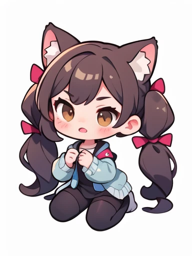Young girl, cat girl, long twin tails, long curly hair, mischievous cat girl, brown eyes