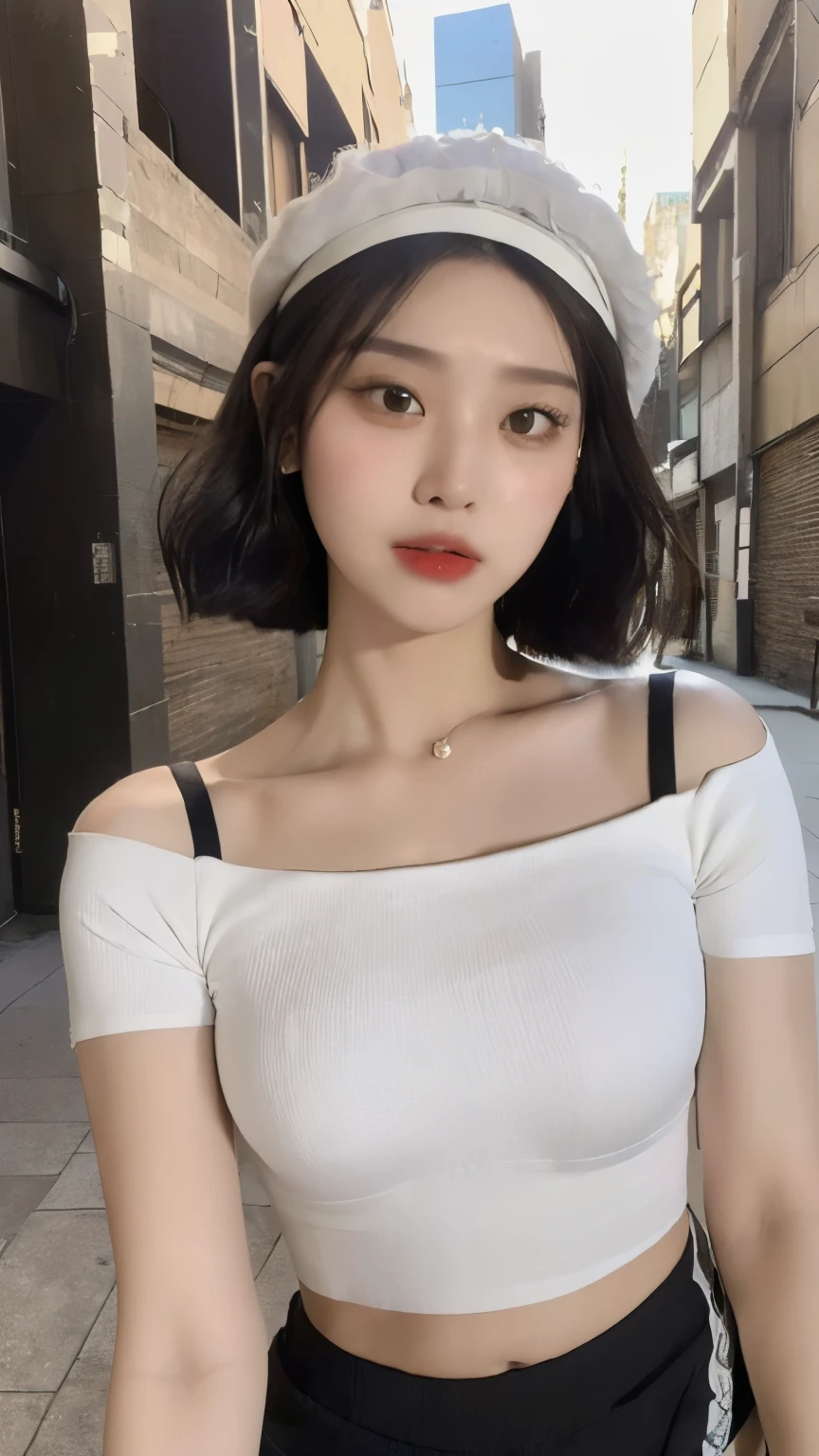 ((highest quality, 8k, masterpiece: 1.3)), (Flower Cap: 1.3), concentrated: 1.2, Perfect body beauty: 1.4, Hips: 1.2, (Layered Haircut: 1.2)), (Dark Street: 1.3), Highly detailed face and skin texture, whole body, Delicate eyes, double eyelid, White skin, Long Hair, (Round face: 1.5), (loose crop top, Shorts: 1.6)