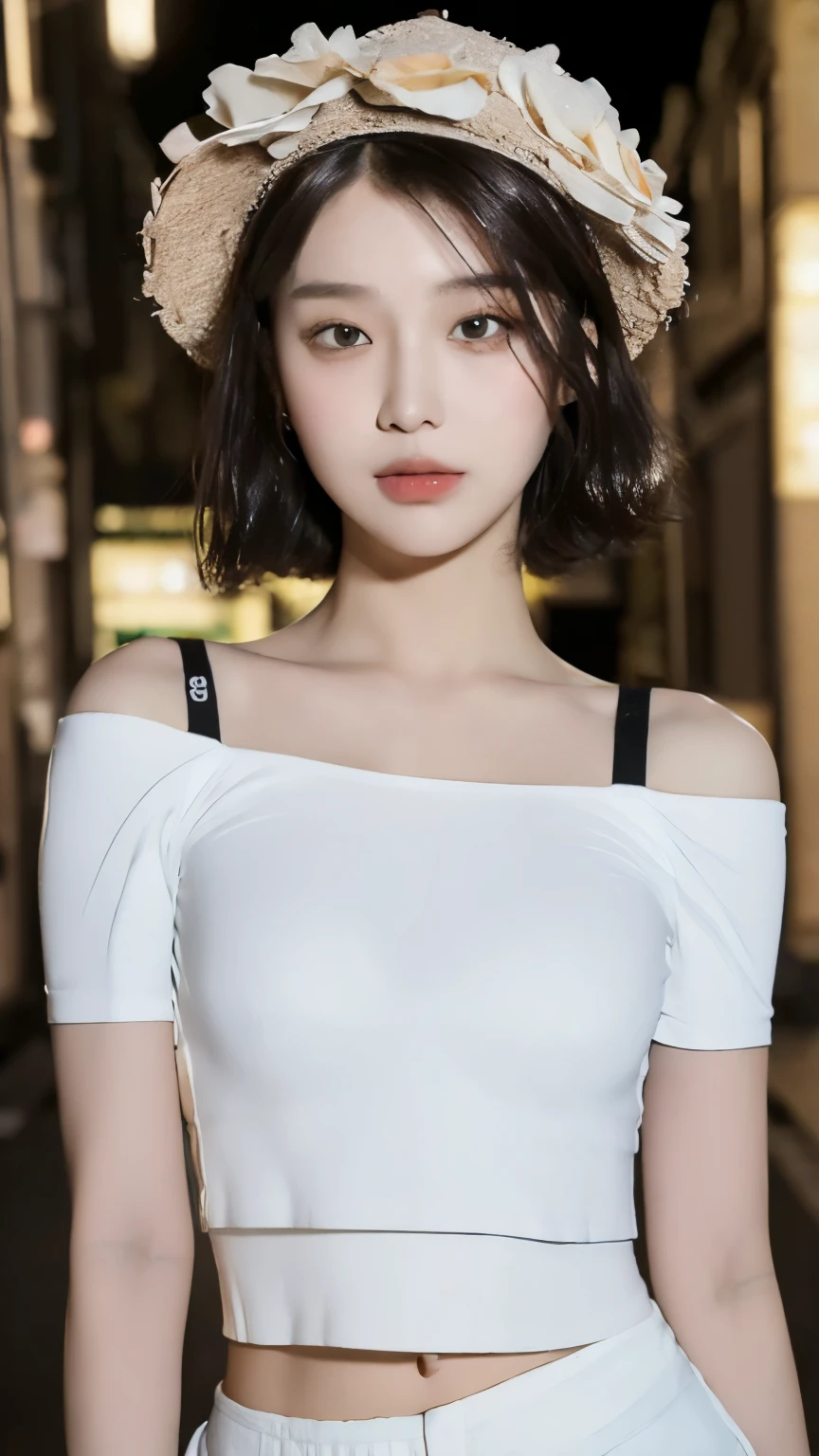 ((highest quality, 8k, masterpiece: 1.3)), (Flower Cap: 1.3), concentrated: 1.2, Perfect body beauty: 1.4, Hips: 1.2, (Layered Haircut: 1.2)), (Dark Street: 1.3), Highly detailed face and skin texture, whole body, Delicate eyes, double eyelid, White skin, Long Hair, (Round face: 1.5), (loose crop top, Shorts: 1.6)