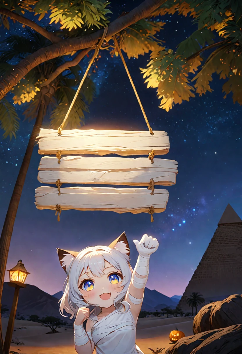 cat girl, chibi, wrapped in old yellow bandages, bandages on hands, bandages on the face, black hair, blue eyes, mummy, reaches for the sign, which hangs on the ebony tree, palm tree, tree is curved, tree with eyes, Halloween, Rendering, Anime background art, winner of the pixiv competition, Anime girl with cat ears cute!! chibi!!! cat girl, милый anime cat girl, with index finger, Nekomimi, anime cat girl!, cat girl, chemonomics, run, furry фураффинность, masterpiece, top quality, Best quality, official art, Beautiful and aesthetically pleasing:1.2), 2D, (Best quality, masterpiece), anime, (very detailed face), (very detailed eyes), Black background, Starlight Night, in the background of the pyramid, In the background is the desert, Ideal lighting, (very detailed old bandages), (very white skin)