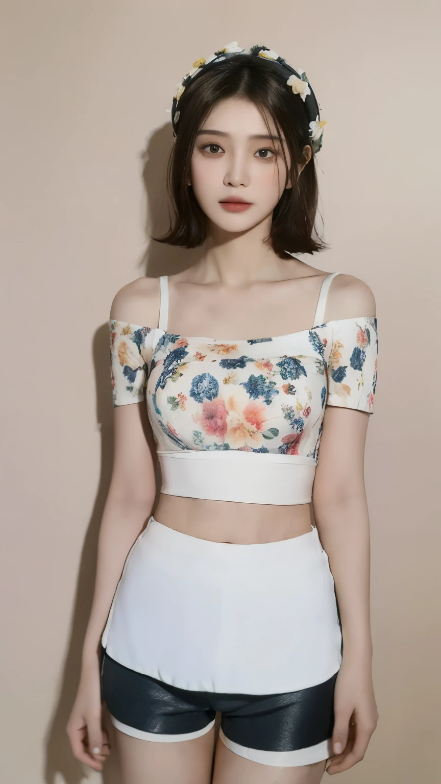 ((highest quality, 8k, masterpiece: 1.3)), (Flower Cap: 1.3), concentrated: 1.2, Perfect body beauty: 1.4, Hips: 1.2, (Layered Haircut: 1.2)), (Dark Street: 1.3), Highly detailed face and skin texture, whole body, Delicate eyes, double eyelid, White skin, Long Hair, (Round face: 1.5), (loose crop top, Shorts: 1.6)