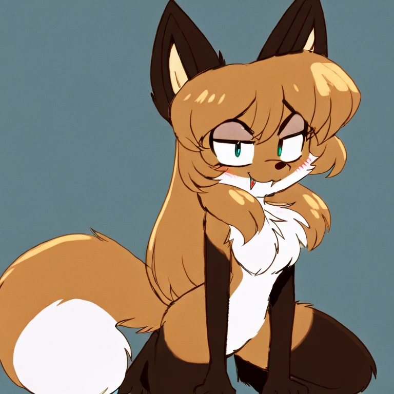 Nervous smiling, uploaded the e621, beautiful and detailed, woman (((female))) ((anthro)) Fox, (Averi, Fox girl), cinematic lighting, Fox, (anthro, fluffy fur, character focus:1.1), 1girl, anthro fox girl, body fur, curvy, sexy, nice, cute, hot, comfortable anime-style cartoon-style, digital drawing, SFW, flat chest, simple background, crouching spread legs, fangs, smug, sassy, sassy hips