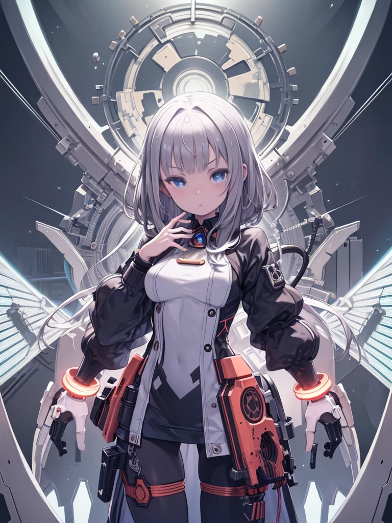 (masterpiece, highest quality, highest quality, Official Art, beautifully、aesthetic:1.2), (One girl:1.3), Very detailed, colorful, Most detailed ((Super detailed)), (Highly detailed CG illustrations), ((Very delicate and beautiful)), Cinematic Light, ((1. Machine Girl)),alone, Cowboy Shot, Long Shot (Mechanical joints:1.2), ((Mechanical Limbs)), (Blood vessels connected to tubes), (Wires and cables around the neck:1.2), (Character Focus), The machine is attached to the joint, Gray Hair, White skin, View Viewer, Copper Button, bronze, (black tights, ) Perfect Anatomy, blue eyes, ((Five fingers, Dynamic pose))