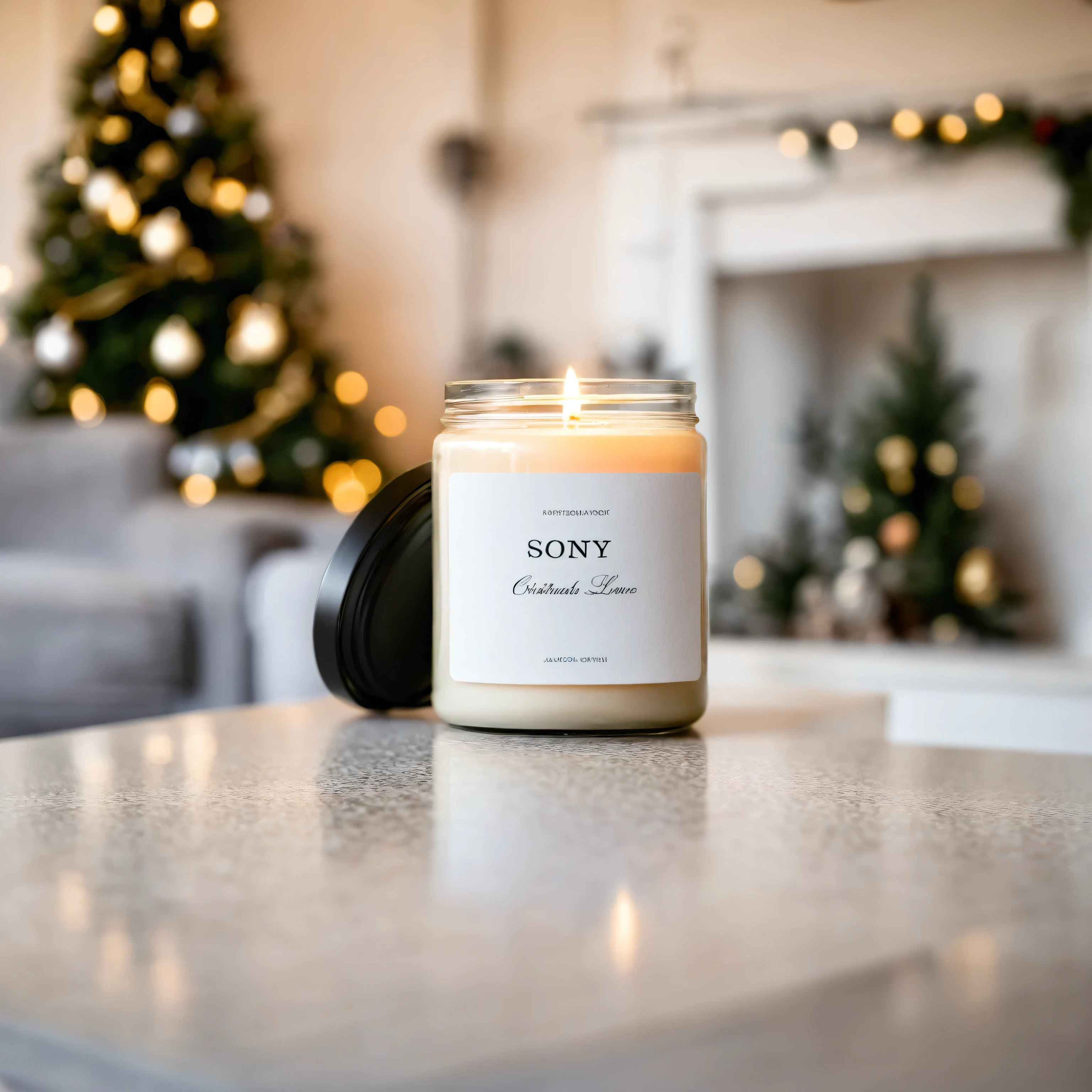 Mockup empty, a blank beige candle in a jar with white label and black lid standing on a christmas table, with christmas decorated living room in defocused background, professional photo, sony a7 camera, 50mm lens, shallow depth of field