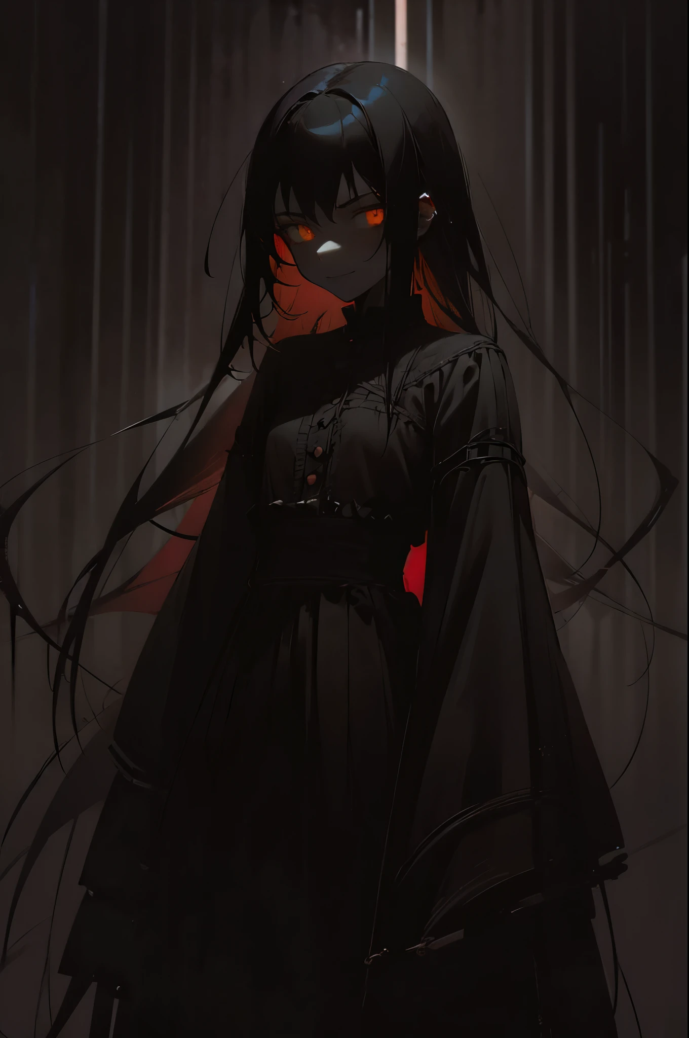 1girl, young, small, flat chest, gloomy, dark fantasy, black hair, yellow eyes, evil smile, digital art, Gothic art, anime, cinematic lighting, film grain, shadowy figure, monochrome blight art, tangled hair, in the moonless night, serial killer, trails of blood, high quality