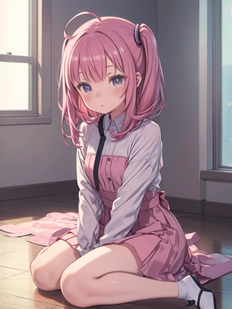 From above, (Close ~ eyes:1.2) One Girl, blush, sit, nsfw,beautiful girl,skirt, Anime move,Two Side Up、(Gloss Lip)、Thick lips,Kissing Face,