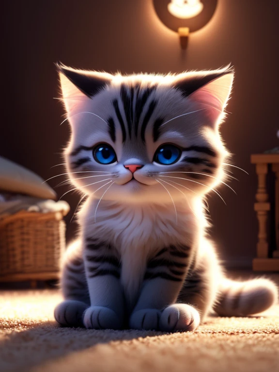A cute kitty, sitting in the evening with light of the flashlight on the floor, kitty has a happy kitty face, featuring atmospheric details, high resolution, and warm lighting 
