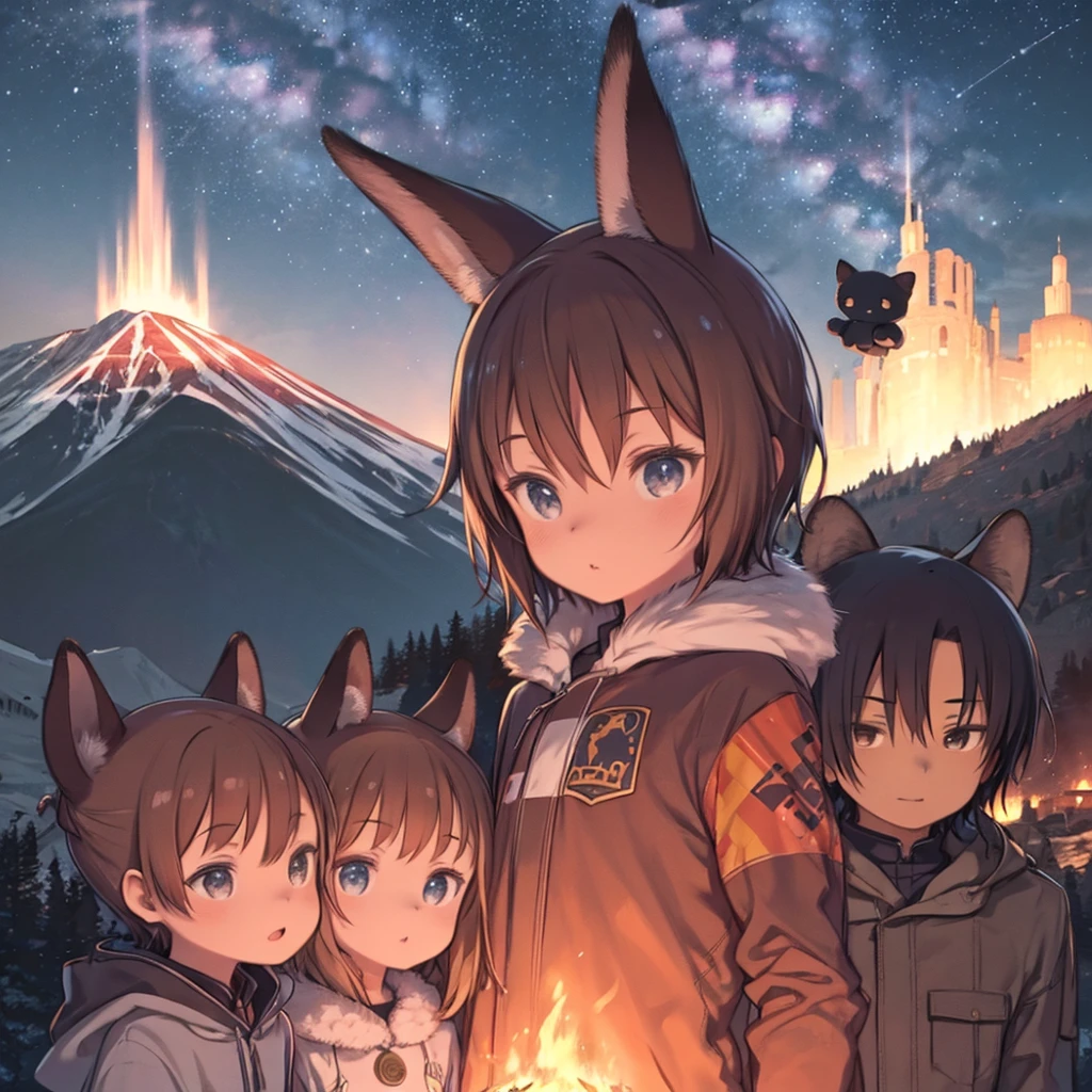 highest quality, highest quality, High-quality illustrations, masterpiece, Ultra-high resolution, Detailed Background, Detailed Background, Campsite in the mountains, Group shot, One boy, One girl, campfire, Night Sky, Absurd, Perfect Anatomy(Family Vacation Photos)(kemono, Furry Personification)Selfie,