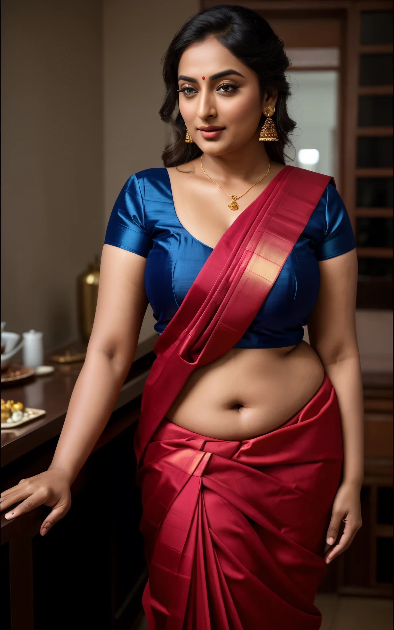 Foto RAW, photorealistic, photography, full body shot, master shot, perfect eyes, goddess like beauty, pierced eyes, perfect thick chubby mallu Desi aunty bhabhi, Wearing a Stanapatta, a chest-band.Saree model, model Photography, Indian saree shoot, Indian traditional wear advertising photography, traditional wear brand shoot, face of Indian actress Sonakshi Sinha, masterpiece, realistic, realism, incredible details, pleasure, photorealism, detailed skin, skin pores, high contrast, photorealistic Artstation 8k HD digital art trend of high definition and detailed realistic skin texture, ultra detail, realistic skin texture, armature, best quality, ultra high definition, (photorealistic:1.4),, high resolution, detail, raw photo, sweat, Re sharp, by Lee Jefferies Nikon D850 Film Stock Photo 4 Kodak Portra 400 Camera F1.6 Lens Rich Color Ultra Real Realistic Realistic Textures Dramatic Lighting Unreal Engine Trending at Art Station Cinestill 800,(pele altamente detalhada: 1.2), 8k UHD, DSLR, soft-lighting, alta qualidade, grain of film, Fujifilm XT3,she didn't like to wear blouse or bra, she is happy to wear only saree, she hates blouse or bra, detailed hairy armpits, hyper realistic skin, skin pores, sweat, veins,