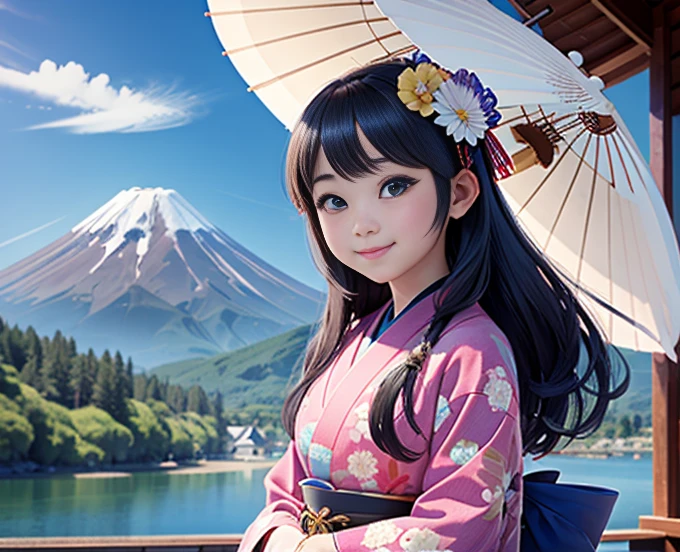 highest quality、Lakeside in front of the mountain、Mt fuji、summer、Daytime、Beautiful blue sky、outside of home、Young girl、Smile on the screen、Detailed beauty、picnic、Open the parasol、kimono、taisho roman 