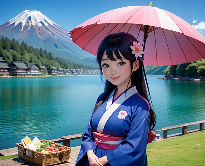 highest quality、Lakeside in front of the mountain、Mt fuji、summer、Daytime、Beautiful blue sky、outside of home、Young girl、Smile on the screen、Detailed beauty、picnic、Open the parasol、kimono、taisho roman 