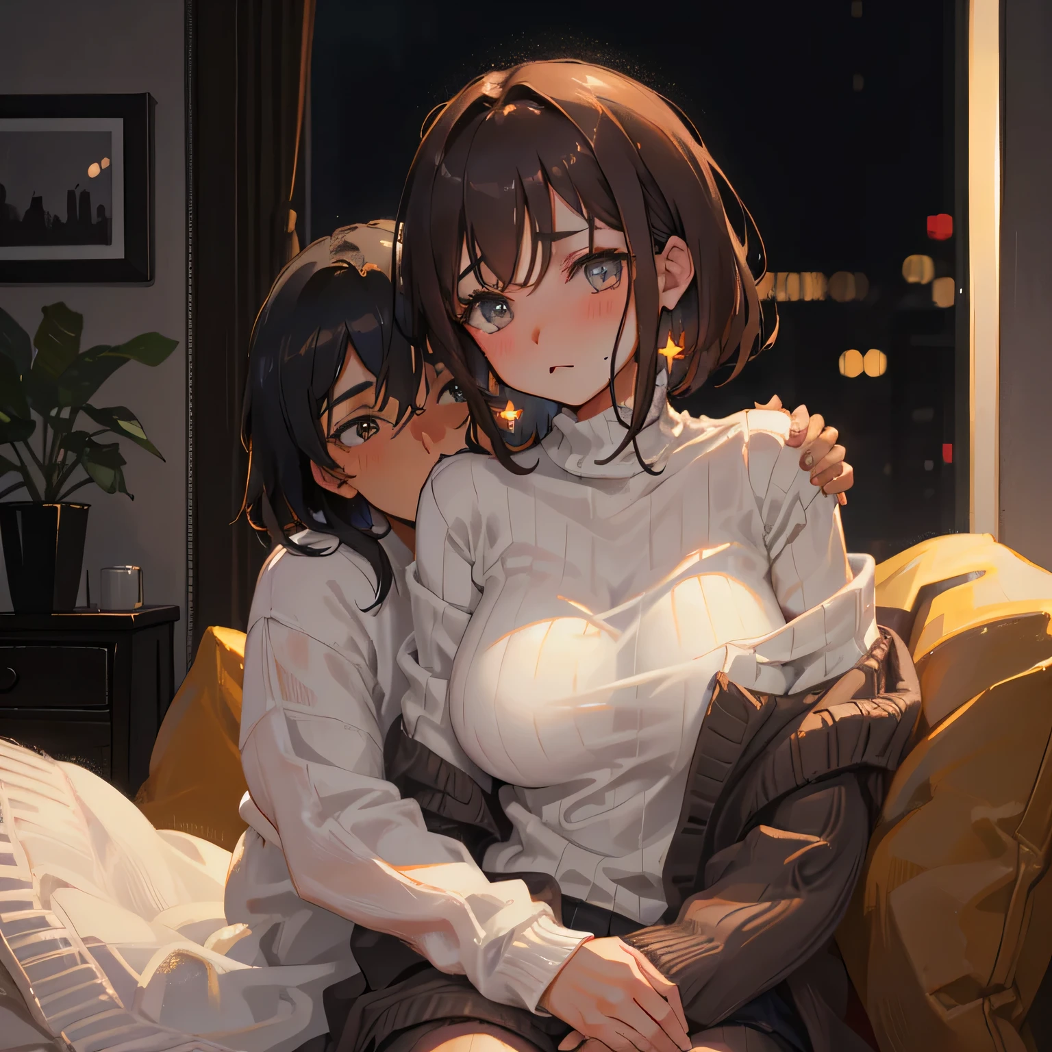 Amazing portrait of a sexy and cute woman with her brown hair in a short bob style with a deep blush wearing an off shoulder oversized grey sweater straddling her boyfriend's lap and tilting her head backwards as the boyfriend kisses her neck on the couch during night time and it's raining outside with warm lighting inside