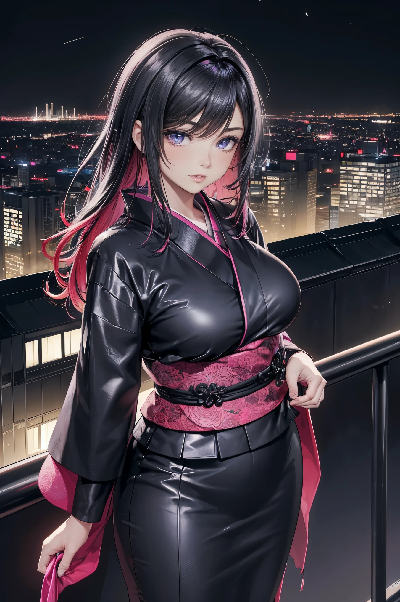 anime, (obra de arte, melhor qualidade, ultra-detalhado, alto contraste), 1 mulher (Sozinho, corpo todo, corpo plus size, standing on the edge of the skyscraper, cabelo prateado, CABELO LONGO E FLUXO, olhos vermelhos brilhantes de rubi, (Kimono preto, black cybernetics with neon pink), meias pretas transparentes), (skyscraper roof, com vista para uma cidade, fundo detalhado ((Night time, darkness, low light pollution)))
