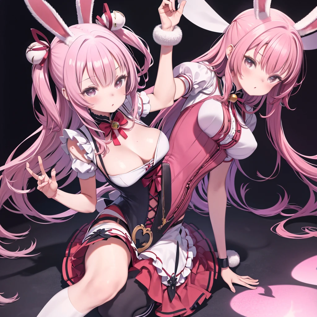 Absurd, highest quality, One girl, alone, Pink Hair, Iris, Long Hair, Big Breasts, Oh Bunny, Bunny ears, Red Corset, gakuran, apron, Red neck ribbon, Red Skirt, Hair Ribbon, Short sleeve, Wrist cuff , White knee socks, Jingle bell