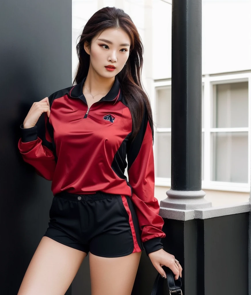  Close-up of woman with ponytail blowing up, black shorts,Wear a volleyball shirt., IG model | RTM germs, in red and black, irelia, Black and Red only, Red dress, Professional sports style, red and black, red and black suit, Tzuyu from two times, red black, black and red silk clothes, Sporty,
