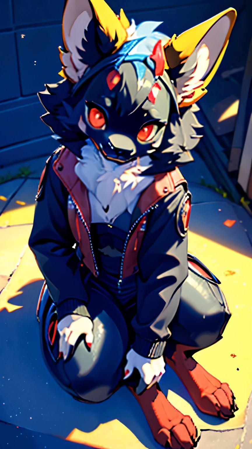 (Close-up:1.5),(pop art:1.8),(sitting:1.5),((looking at the camera:1.5)),(furry foot:1.5),(Sparkling deep red big eyes:2.0),(Round eyebrows:1.5),((Fisheye lens:1.5)),(Natural light:1.3),(Height: 120cm),(wolf tail),(Wolf protogen),(adult),((short hair:1.7)),(fur),(black leather jacket:1.5),sitting,(Round eyebrows),(wolf ears:1.2),(wearing) (blue jeans) (character) , (highest quality,4k,8K,High resolution,masterpiece:1.2), Super detailed, (realistic,realistic,realistic:1.37), HDR, UHD, studio lightning, ultra-fine goodinting, sharp focus, Physically based rendering, extrine detail description, Professional, Bright colors, Bokeh, (in) you bring, landscape, photograph, concept artist (Style), (with) vibrant color goodlette, (good) soft lighting. jewelry