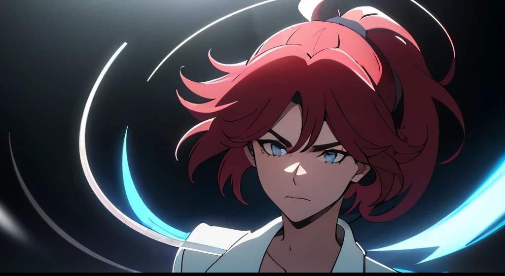(masterpiece, best quality, ultra-detailed, best shadow), (detailed background,dark fantasy), (beautiful detailed face), high contrast, (best illumination, an extremely delicate and beautiful), ((cinematic light)), colorful, hyper detail, dramatic light, intricate details, (1girl, solo, ponytail short red hair, sharp face, grey eyes, hair between eyes,dynamic angle), blood splatter, swirling black light around the character, depth of field,black light particles,(broken glass),magic circle, big breast