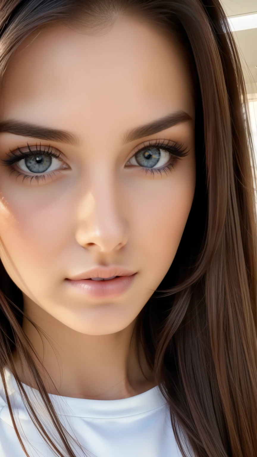 Close-up of a long-haired woman wearing a black and white top, Beautiful face and perfect skin, Very beautiful face, Perfect face and eyes, Perfect face close-up, Brown hair and big eyes, Woman with beautiful face, Gorgeous and attractive face, Attractive beautiful face, Beautiful perfect face, Brown Hair Girl, Beautiful Woman Photos, Beautiful face in every detail, Waiting to start showing off in bikinis on the beach