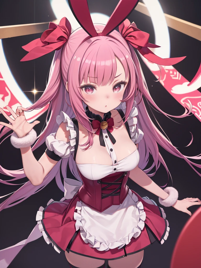 Pink Hair, Long Hair, Intricate Bun, Red Ribbon, Elegant, Japanese Influences, Black Short Dress, White Pleated Skirt, Black Top, Red Bow, Curvy, Busty, Big Breasts, Large Green Eyes, Cat Eyes, Innocent Facial Features, Blush, Cute Face, Playful Smile