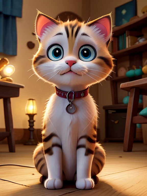 A cute kitty, sitting in the evening with light of the flashlight on the floor, kitty has a happy kitty face, featuring atmospheric details, high resolution, and warm lighting
