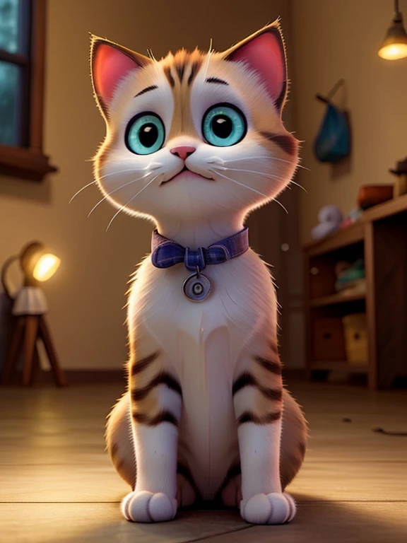 A cute kitty, sitting in the evening with light of the flashlight on the floor, kitty has a happy kitty face, featuring atmospheric details, high resolution, and warm lighting