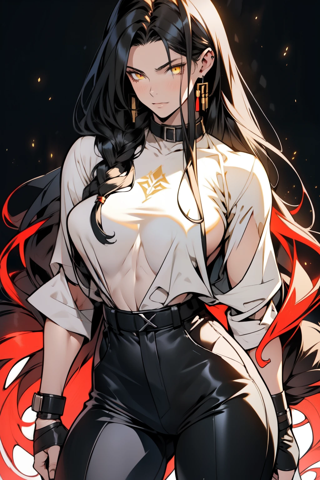 1 girl muscular pale skin muscular muscular muscular black hair yellow eyes huge breasts muscular muscular long hair long hair long hair long hair long hair long hair long hair long hair  huge breasts long hair long hair long hair long hair  muscular muscular tight shirt tight pants