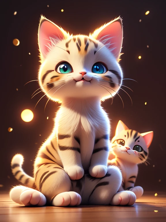 A cute kitty, sitting in the evening with light of the flashlight on the floor, kitty has a happy kitty face, featuring atmospheric details, high resolution, and warm lighting