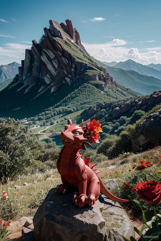 an animated dragon with a red flower on a mountain in disney style