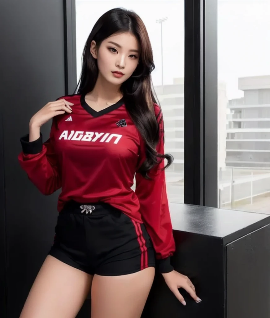 Close-up of woman with ponytail blowing up, black shorts,open legs, Wear a volleyball shirt., IG model | RTM germs, in red and black, irelia, Black and Red only, Red dress, Professional sports style, red and black, red and black suit, Tzuyu from two times, red black, black and red silk clothes, Sporty,