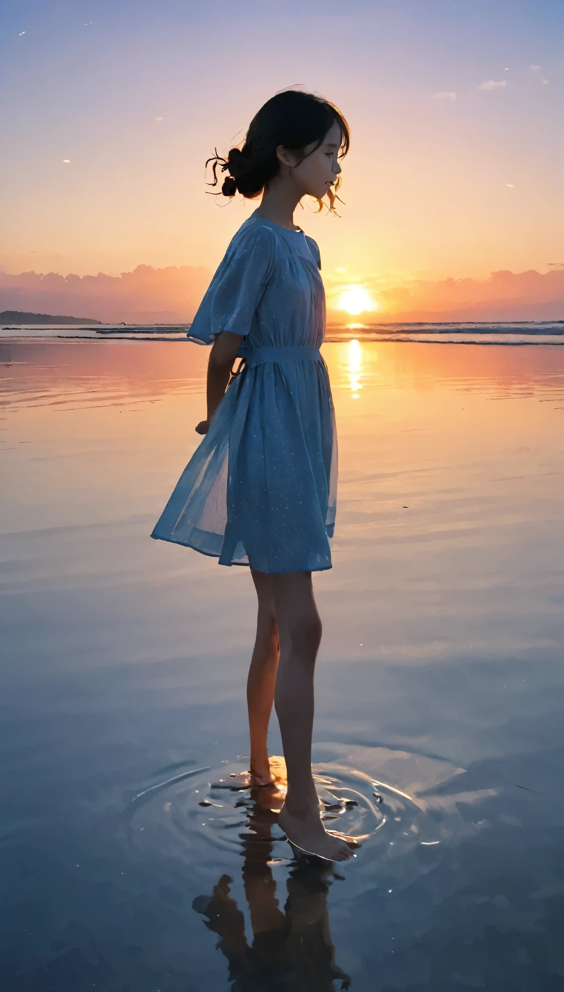 masterpiece, highest quality, Movie stills, 1 girl, Sky reflected on the sea surface、Mirror-like water surface、Reflective water surface、I can see your ankles、barefoot、sunset、Beautiful sky, close, bright, Happy, Warm and soft lighting, sunset, (spark:0.7)