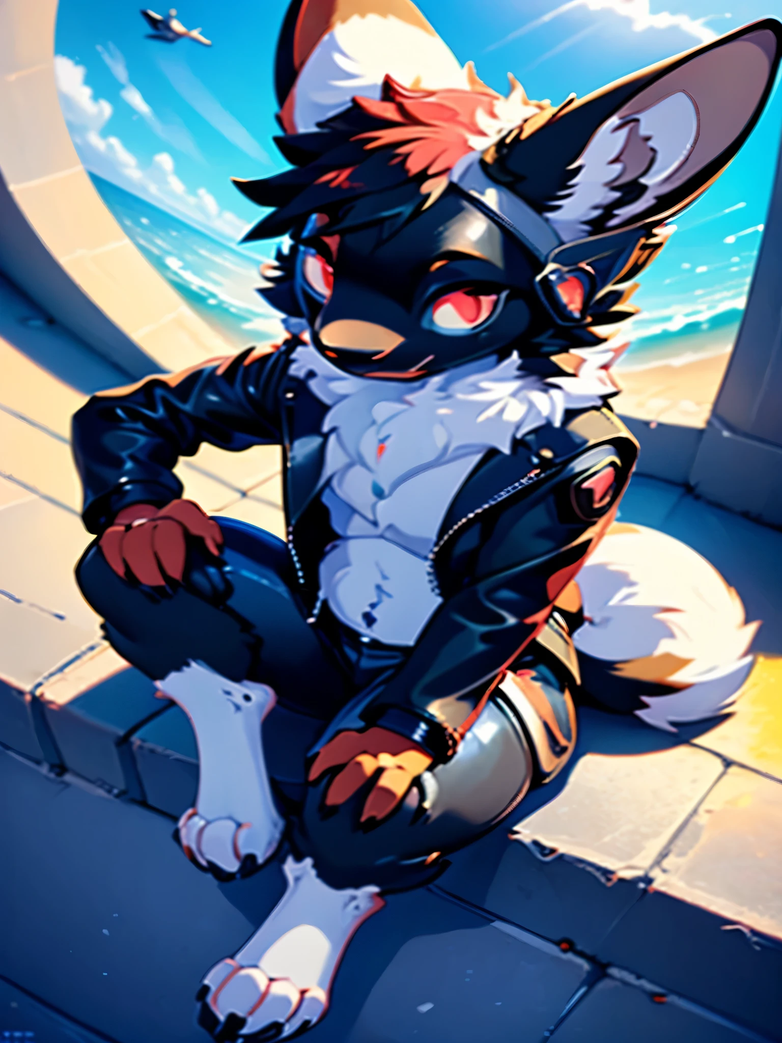 (Close-up:1.5),(pop art:1.8),(sitting:1.5),((looking at the camera:1.5)),(furry foot:1.5),(Sparkling deep red big eyes:2.0),(Round eyebrows:1.5),((Fisheye lens:1.5)),(Natural light:1.3),(Height: 120cm),(wolf tail),(Wolf protogen),(adult),((short hair:1.7)),(fur),(black leather jacket:1.5),sitting,(Round eyebrows),(wolf ears:1.2),(wearing) (blue jeans) (character) , (highest quality,4k,8K,High resolution,masterpiece:1.2), Super detailed, (realistic,realistic,realistic:1.37), HDR, UHD, studio lightning, ultra-fine goodinting, sharp focus, Physically based rendering, extrine detail description, Professional, Bright colors, Bokeh, (in) you bring, landscape, photograph, concept artist (Style), (with) vibrant color goodlette, (good) soft lighting. jewelry