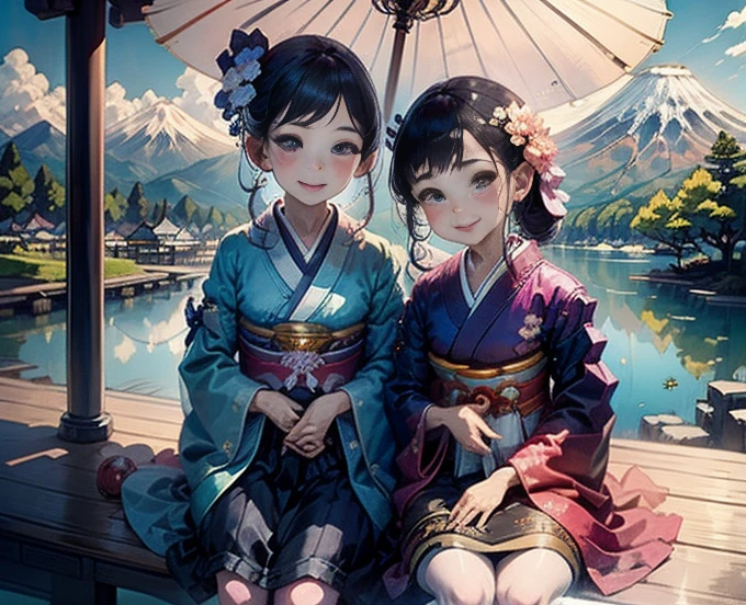 highest quality、Lakeside in front of the mountain、Mt fuji、summer、Daytime、Beautiful blue sky、outside of home、Young girl、Smile on the screen、Detailed beauty、picnic、Open the parasol、kimono、taisho roman
