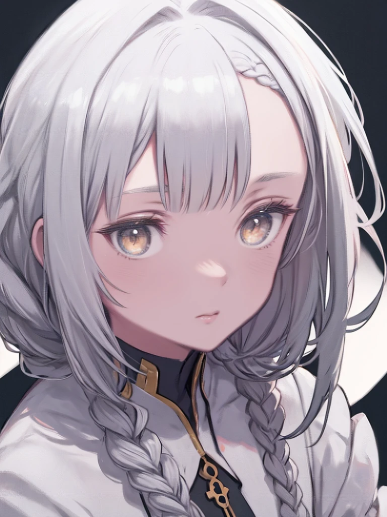 highest quality, masterpiece,Gray Hair, Golden Eyes,White clothes, look up, Upper Body,hair,Fair skin,Side braid、Close-up of a person with long white hair and braids